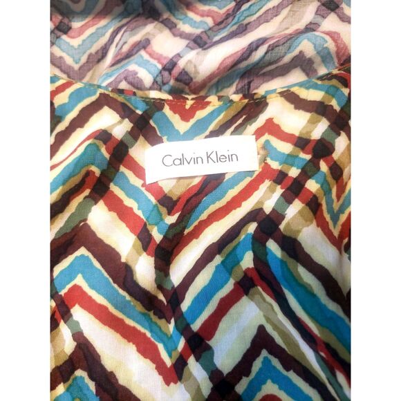 Calvin Klein Cream Geometric Print Scoop Neck Hi-lo Silk Feel Dress Size Medium - Picture 2 of 5